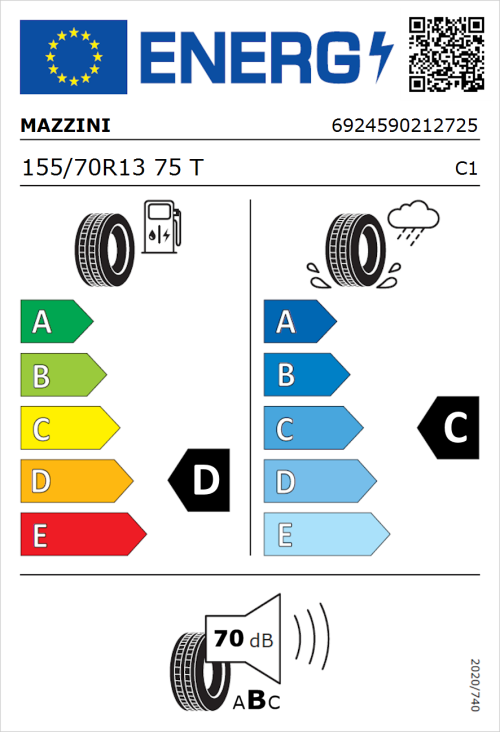 Tyre Label for Mazzini Eco 307 155/70R13 75T