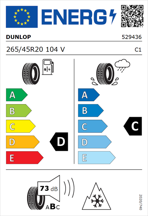 Tyre Label for Dunlop SP Winter Sport 4D 265/45R20 104V