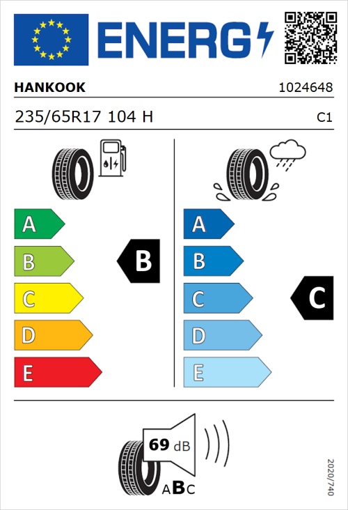 Tyre Label for Hankook Ventus Prime 3 K125 235/65R17 104H