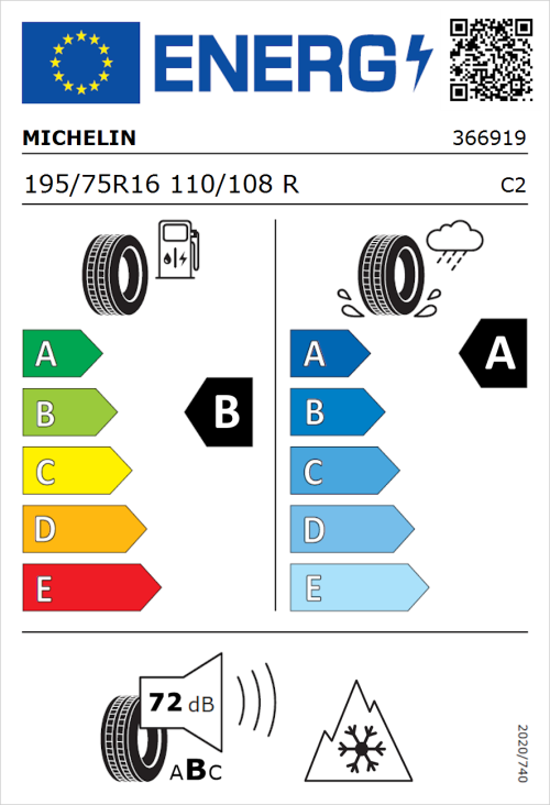 Tyre Label for Michelin Agilis 3 195/75R16 110/108R