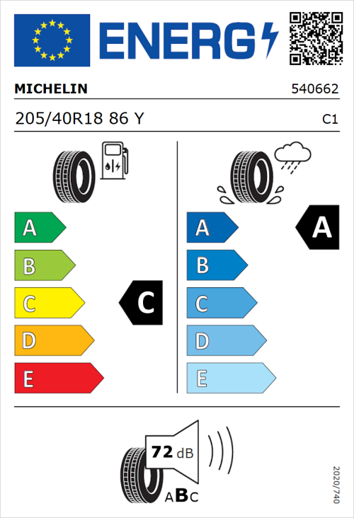 Tyre Label for Michelin Pilot Sport 5 205/40R18 86Y