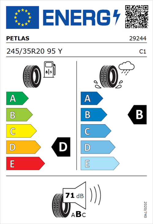 Tyre Label for Petlas Velox Sport PT741 245/35R20 95Y