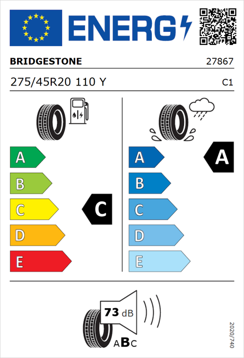 Tyre Label for Bridgestone Potenza Sport 275/45R20 110Y