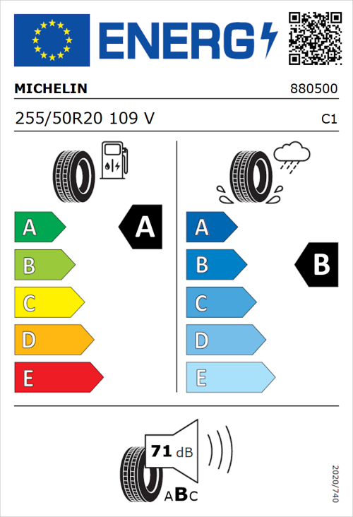 Tyre Label for Michelin Pilot Sport EV 255/50R20 109V