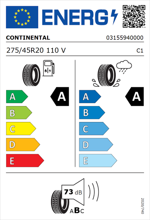 Tyre Label for Continental EcoContact 6 275/45R20 110V
