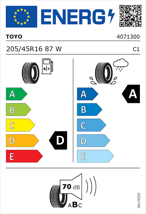 Tyre Label for Toyo Proxes Comfort 205/45R16 87W