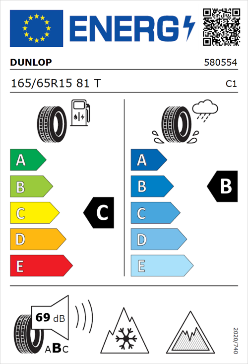 Tyre Label for Dunlop Sport All Season 165/65R15 81T